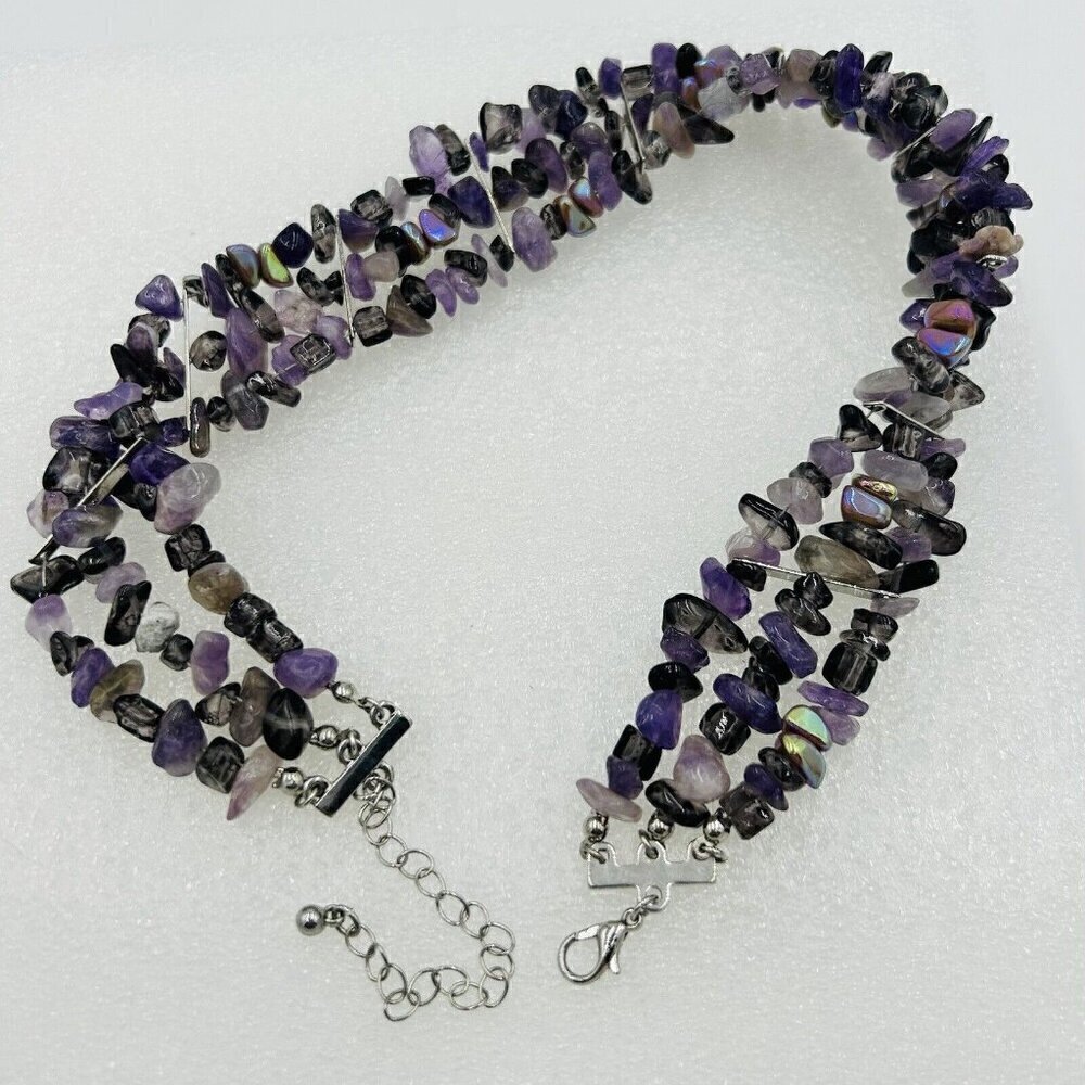 Amethyst Triple Strand Choker Necklace Nugget Silver Tone Adjustable 13.5-16 in